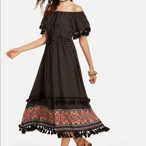 Shein Ornate Print Tassel Detail Off Shoulder Dress (XS)